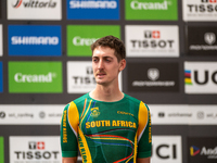 Alan Hatherly of South Africa stands on the podium at the UCI Mountain Bike World Championships Men Under 23 Race in Pal Arinsal, Andorra, o...