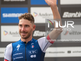 Victor Koretzky of France stands on the podium at the UCI Mountain Bike World Championships Men Under 23 Race in Pal Arinsal, Andorra, on Se...