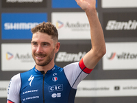 Victor Koretzky of France stands on the podium at the UCI Mountain Bike World Championships Men Under 23 Race in Pal Arinsal, Andorra, on Se...