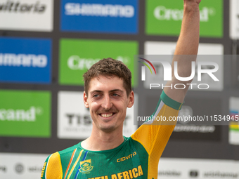 Alan Hatherly of South Africa stands on the podium at the UCI Mountain Bike World Championships Men Under 23 Race in Pal Arinsal, Andorra, o...