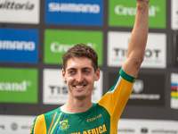 Alan Hatherly of South Africa stands on the podium at the UCI Mountain Bike World Championships Men Under 23 Race in Pal Arinsal, Andorra, o...