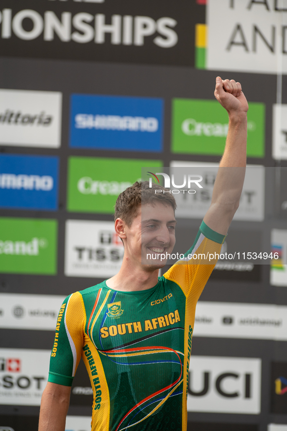 Alan Hatherly of South Africa stands on the podium at the UCI Mountain Bike World Championships Men Under 23 Race in Pal Arinsal, Andorra, o...