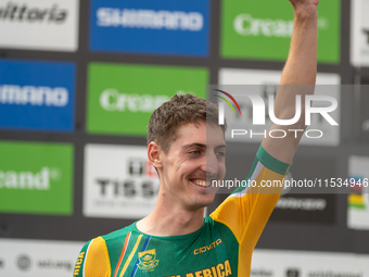 Alan Hatherly of South Africa stands on the podium at the UCI Mountain Bike World Championships Men Under 23 Race in Pal Arinsal, Andorra, o...