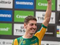 Alan Hatherly of South Africa stands on the podium at the UCI Mountain Bike World Championships Men Under 23 Race in Pal Arinsal, Andorra, o...