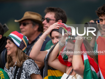 South African fans attend the UCI Mountain Bike World Championships Men Under 23 Race in Pal Arinsal, Andorra, on September 1, 2024. (