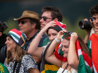 South African fans attend the UCI Mountain Bike World Championships Men Under 23 Race in Pal Arinsal, Andorra, on September 1, 2024. (