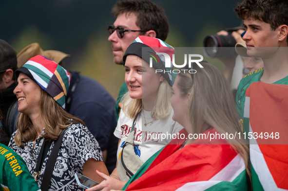 South African fans attend the UCI Mountain Bike World Championships Men Under 23 Race in Pal Arinsal, Andorra, on September 1, 2024. 