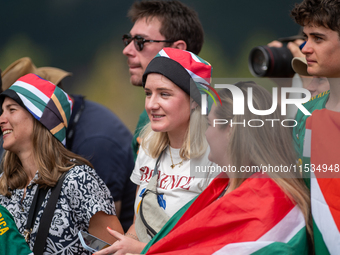 South African fans attend the UCI Mountain Bike World Championships Men Under 23 Race in Pal Arinsal, Andorra, on September 1, 2024. (