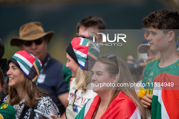 South African fans attend the UCI Mountain Bike World Championships Men Under 23 Race in Pal Arinsal, Andorra, on September 1, 2024. 