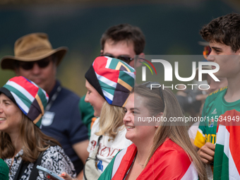 South African fans attend the UCI Mountain Bike World Championships Men Under 23 Race in Pal Arinsal, Andorra, on September 1, 2024. (