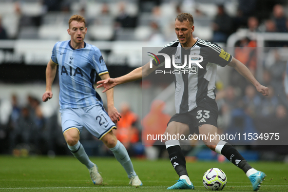 Newcastle United's Dan Burn makes a clearance during the Premier League match between Newcastle United and Tottenham Hotspur at St. James's...