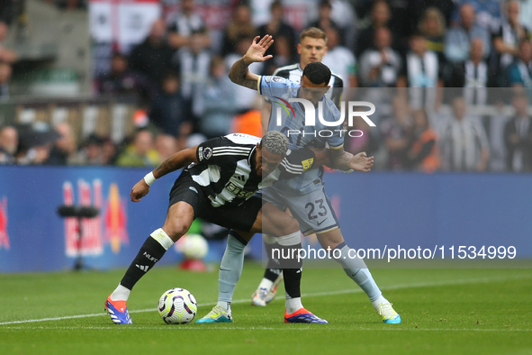 Tottenham Hotspur's Pedro Porro challenges Newcastle United's Joelinton during the Premier League match between Newcastle United and Tottenh...