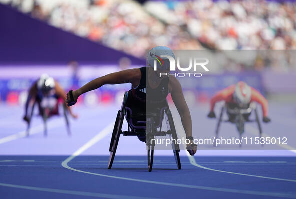 Hannah Cockroft of Great Britain in action in Women's 100m - T34 Round 1 during the Paris 2024 Paralympic Games at Stade de France on Septem...