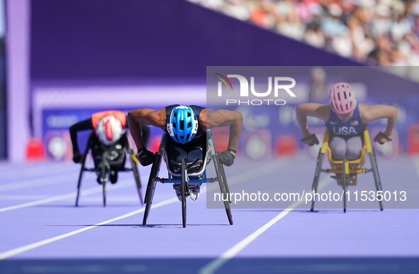 Kare Adenegan of Great Britain in action in Women's 100m - T34 Round 1 during the Paris 2024 Paralympic Games at Stade de France on Septembe...