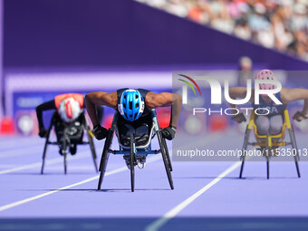 Kare Adenegan of Great Britain in action in Women's 100m - T34 Round 1 during the Paris 2024 Paralympic Games at Stade de France on Septembe...