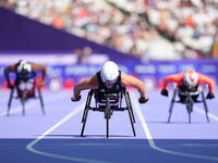 Hannah Cockroft of Great Britain in action in Women's 100m - T34 Round 1 during the Paris 2024 Paralympic Games at Stade de France on Septem...