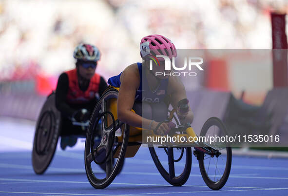 Eva Houston of United States of America in action in Women's 100m - T34 Round 1 during the Paris 2024 Paralympic Games at Stade de France on...