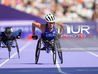 Tatyana Mcfadden of United States of America in action in Women's 800m - T54 Round 1 during the Paris 2024 Paralympic Games at Stade de Fran...