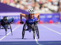 Tatyana Mcfadden of United States of America in action in Women's 800m - T54 Round 1 during the Paris 2024 Paralympic Games at Stade de Fran...