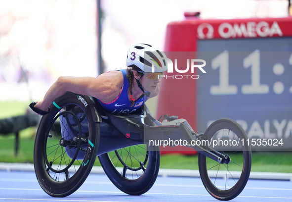 Tatyana Mcfadden of United States of America in action in Women's 800m - T54 Round 1 during the Paris 2024 Paralympic Games at Stade de Fran...