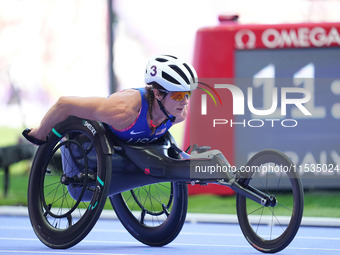 Tatyana Mcfadden of United States of America in action in Women's 800m - T54 Round 1 during the Paris 2024 Paralympic Games at Stade de Fran...