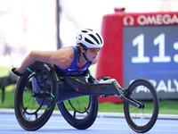 Tatyana Mcfadden of United States of America in action in Women's 800m - T54 Round 1 during the Paris 2024 Paralympic Games at Stade de Fran...