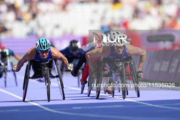 Susannah Scaroni of United States of America in action in Women's 800m - T54 Round 1 during the Paris 2024 Paralympic Games at Stade de Fran...