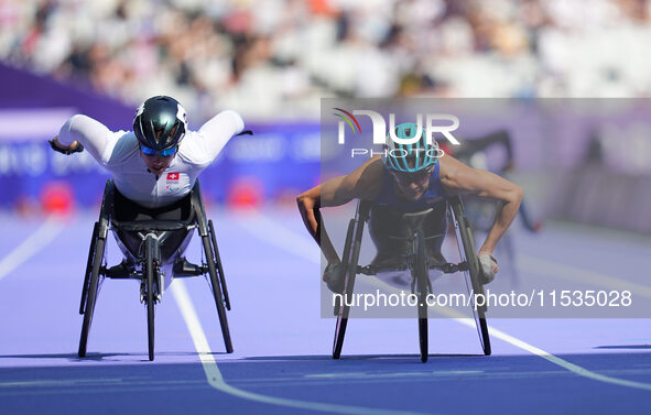 Susannah Scaroni of United States of America in action in Women's 800m - T54 Round 1 during the Paris 2024 Paralympic Games at Stade de Fran...