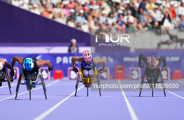 Eva Houston of United States of America in action in Women's 100m - T34 Round 1 during the Paris 2024 Paralympic Games at Stade de France on...