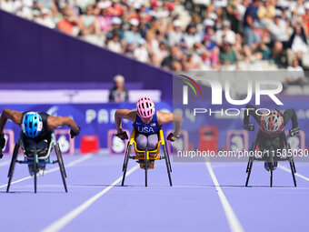 Eva Houston of United States of America in action in Women's 100m - T34 Round 1 during the Paris 2024 Paralympic Games at Stade de France on...