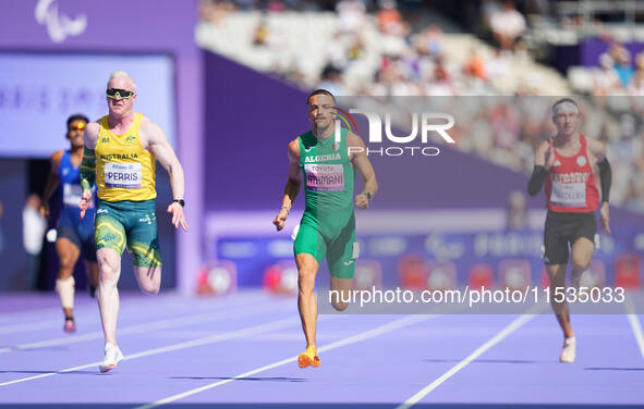 Djamil Skander Athmani of Algeria in action in Men's 100m - T13 Round 1 during the Paris 2024 Paralympic Games at Stade de France on Septemb...