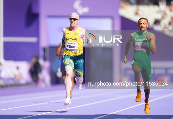 Chad Perris of Australia in action in Men's 100m - T13 Round 1 during the Paris 2024 Paralympic Games at Stade de France on September 1, 202...