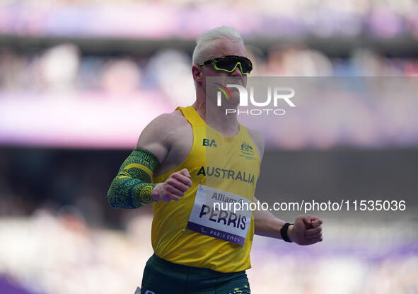 Chad Perris of Australia in action in Men's 100m - T13 Round 1 during the Paris 2024 Paralympic Games at Stade de France on September 1, 202...