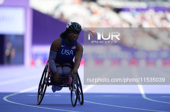 Lauren Fields of United States of America in action in Women's 100m - T34 Round 1 during the Paris 2024 Paralympic Games at Stade de France...