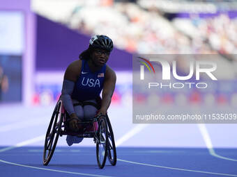 Lauren Fields of United States of America in action in Women's 100m - T34 Round 1 during the Paris 2024 Paralympic Games at Stade de France...