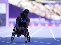 Lauren Fields of United States of America in action in Women's 100m - T34 Round 1 during the Paris 2024 Paralympic Games at Stade de France...