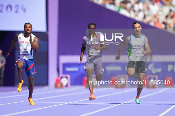 Isaac Jean-Paul of United States of America in action in Men's 100m - T13 Round 1 during the Paris 2024 Paralympic Games at Stade de France...