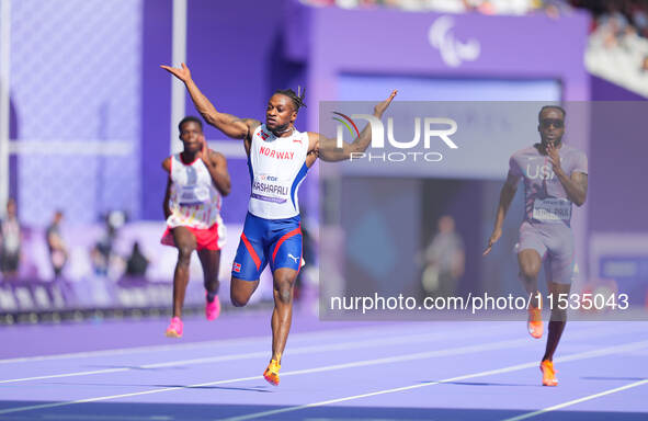 Ageze Salum Kashafali of Norway in action in Men's 100m - T13 Round 1 during the Paris 2024 Paralympic Games at Stade de France on September...