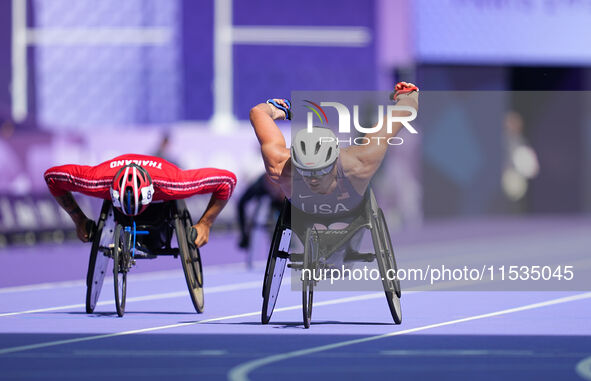 Daniel Romanchuk of United States of America in action in Men's 400m - T54 Round 1 during the Paris 2024 Paralympic Games at Stade de France...