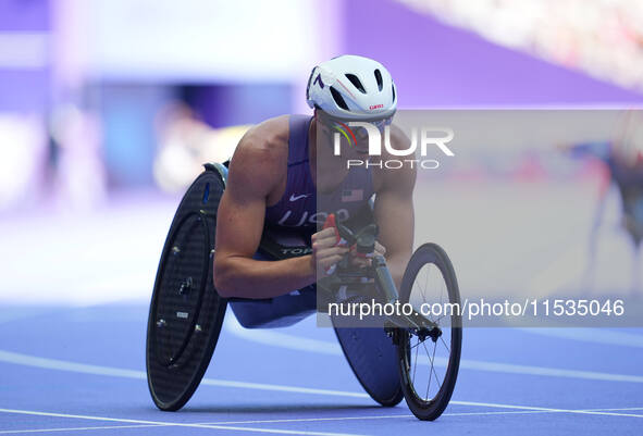 Daniel Romanchuk of United States of America in action in Men's 400m - T54 Round 1 during the Paris 2024 Paralympic Games at Stade de France...