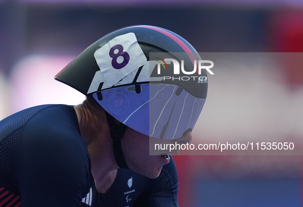 Nathan Maguire of Great Britain in action in Men's 400m - T54 Round 1 during the Paris 2024 Paralympic Games at Stade de France on September...