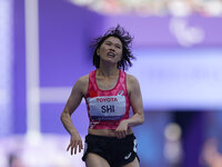 Yiting Shi of People's Republic of China celebrates winning gold in Women's 200m - T36 Final during the Paris 2024 Paralympic Games at Stade...