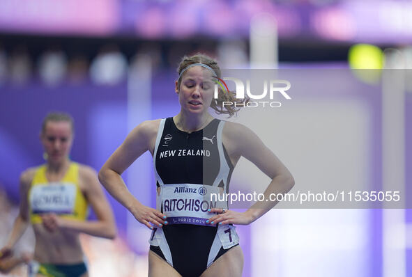 Danielle Aitchison of New Zealand celebrates winning silver in Women's 200m - T36 Final during the Paris 2024 Paralympic Games at Stade de F...