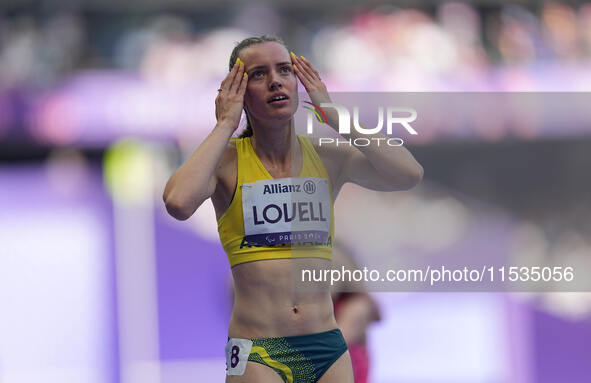 Mali Lovell of Australia celebrates winning bronze in Women's 200m - T36 Final during the Paris 2024 Paralympic Games at Stade de France on...