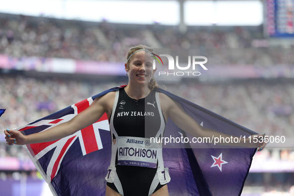 Danielle Aitchison of New Zealand celebrates winning silver in Women's 200m - T36 Final during the Paris 2024 Paralympic Games at Stade de F...