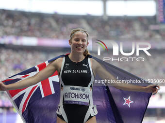 Danielle Aitchison of New Zealand celebrates winning silver in Women's 200m - T36 Final during the Paris 2024 Paralympic Games at Stade de F...