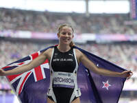 Danielle Aitchison of New Zealand celebrates winning silver in Women's 200m - T36 Final during the Paris 2024 Paralympic Games at Stade de F...