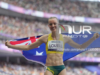 Mali Lovell of Australia celebrates winning bronze in Women's 200m - T36 Final during the Paris 2024 Paralympic Games at Stade de France on...