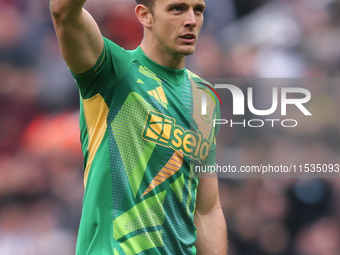 Newcastle United goalkeeper Nick Pope celebrates Harvey Barnes' goal during the Premier League match between Newcastle United and Tottenham...