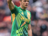 Newcastle United goalkeeper Nick Pope celebrates Harvey Barnes' goal during the Premier League match between Newcastle United and Tottenham...